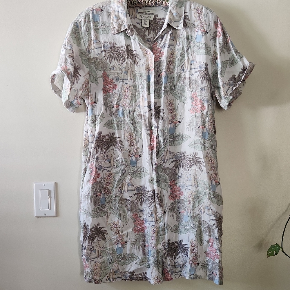 Rachel Zoe White Tropical Print Mini Shirt Dress with Green and Pink Accents